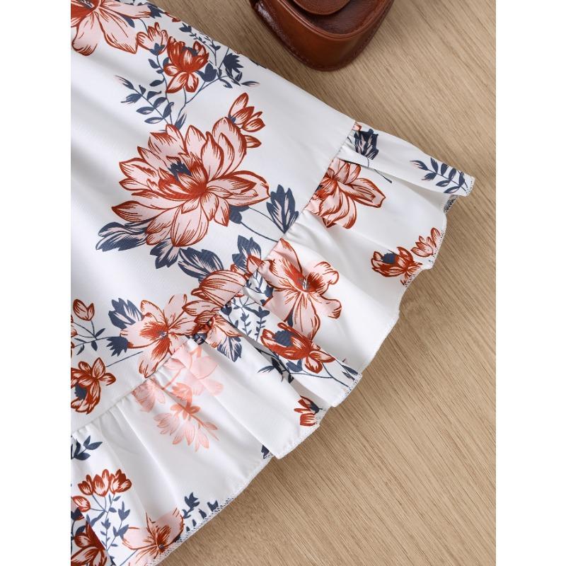 White Waist-Cinching Print Short-Sleeve Round-Neck Casual Dress for Girls