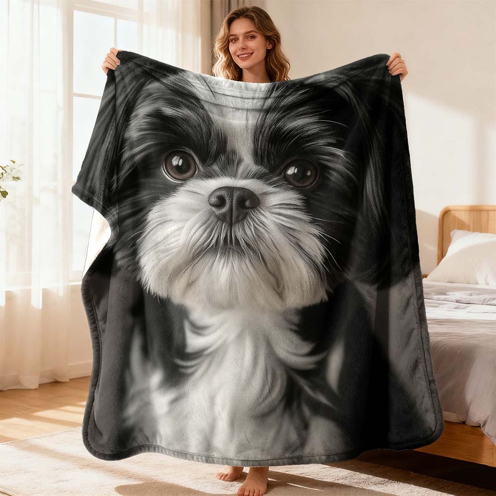 1pc Black and White Shih Tzu Print Ultra Soft Flannel Throw Blanket for Pet Lovers Home Decor