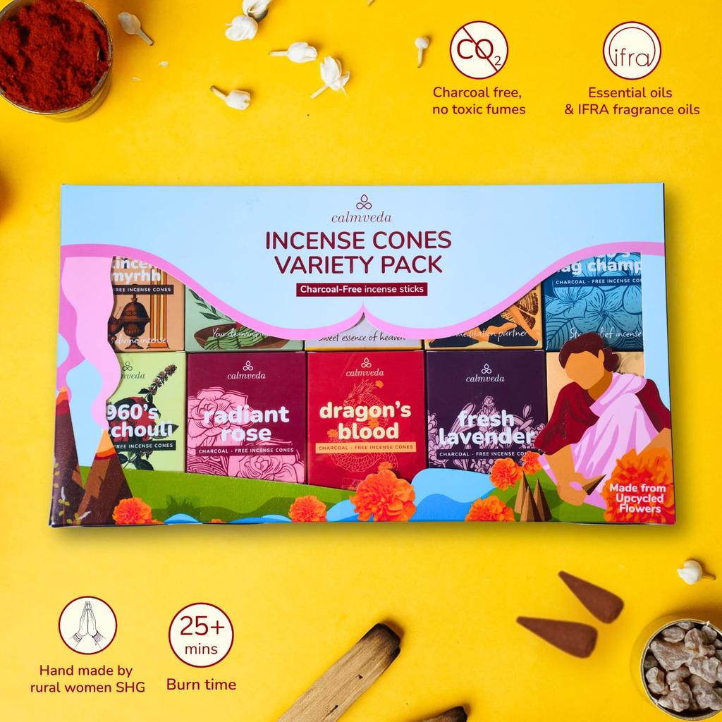 CALMVEDA Organic Incense Cones Scented - 120 Cone Incenses, 10 Variants with Holder