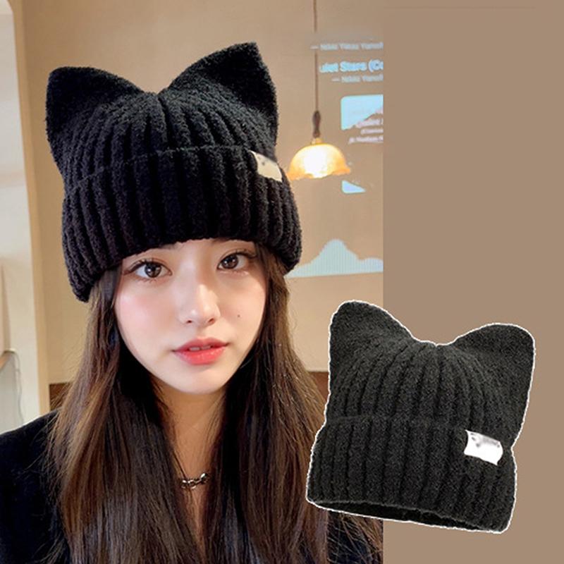 Women's Winter Cute Cat Ears Hat Pullover Knitted Hats Warm Ear Protection Balaclava Cap Kpop Style Street Simple Hats For Girl