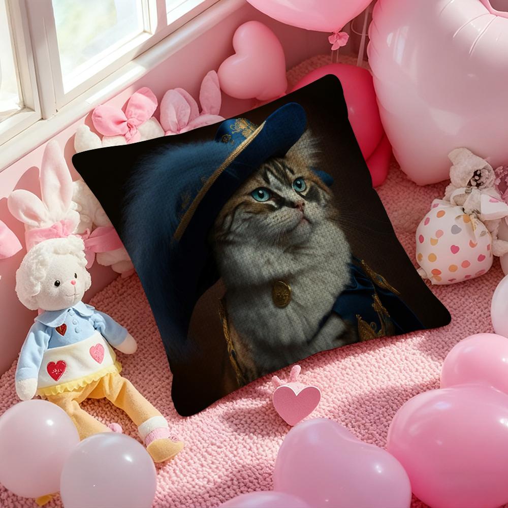Renaissance Royal Cat Funny Pillow Case Anti-Dustmite Pillowcase Invisible Zipper Silky Short Plush Sofa Cushion Cover