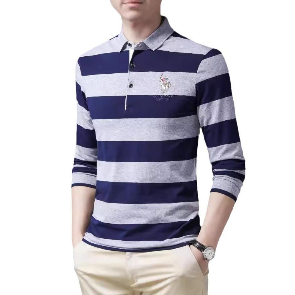 Men's Autumn New Long-sleeved T-shirt Men's Casual Korean Version Trendy Lapel Striped Business Polo Shirt Top