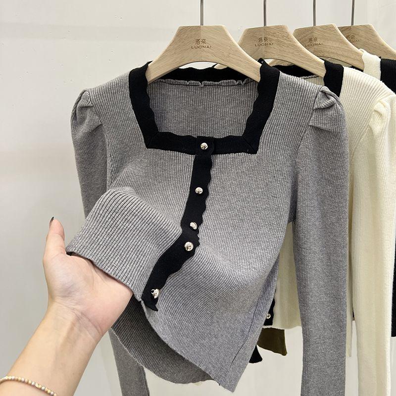 Women spring autumn vintage Long Sleeve Jumper Spliced Square Neck Soft Comfortable Slim Button Decoration Front Knit Sweater