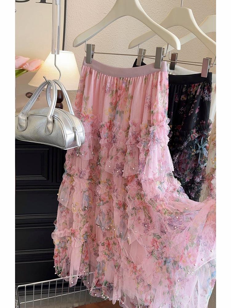 Tüllrock mit Perlen und Blumendruck und unregelmäßigem Saum - Damen Netz-Puffrock