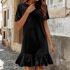 Women Velvet Short Sleeve Dress Ruffle Hem Crew Neck Loose Fit Soft Fabric Casual Style Comfortable Wear