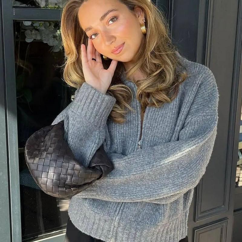 Womens Gray Acrylic Knit Cardigan Sweater V-Neck Long Sleeve Zipper Front Loose Fit Casual Office Wear Winter