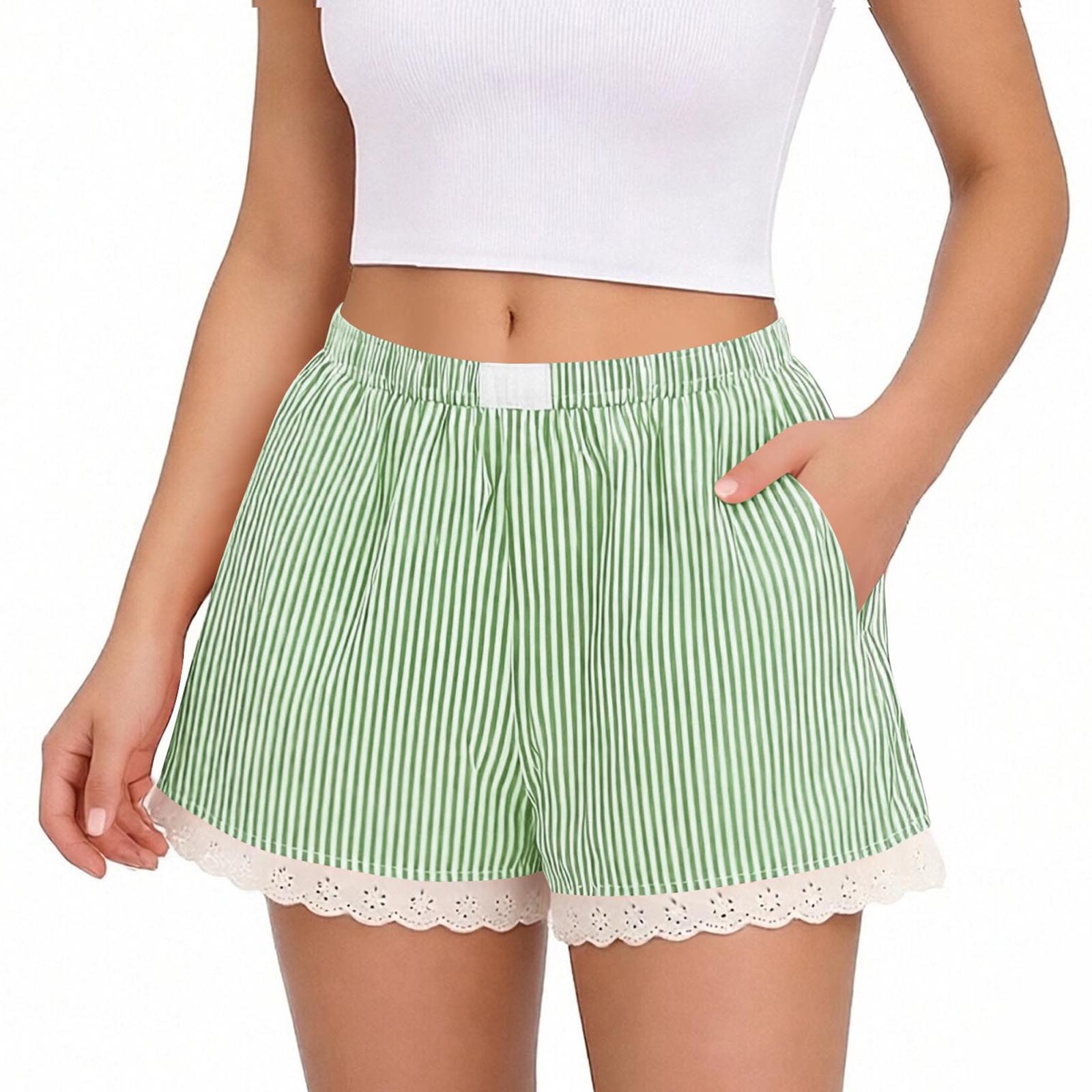 

Women s Fashion Striped Shorts with Lace Trim Elastic Waistband Casual Summer Beachwear Comfortable Lightweight Lounge Bottoms L