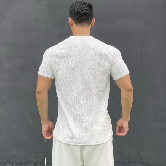 Men Summer Top with 3D Texture Round Neck Short Sleeves Loose Solid Color Muscular Men Sport T-shirt Daily Exercise Shirt