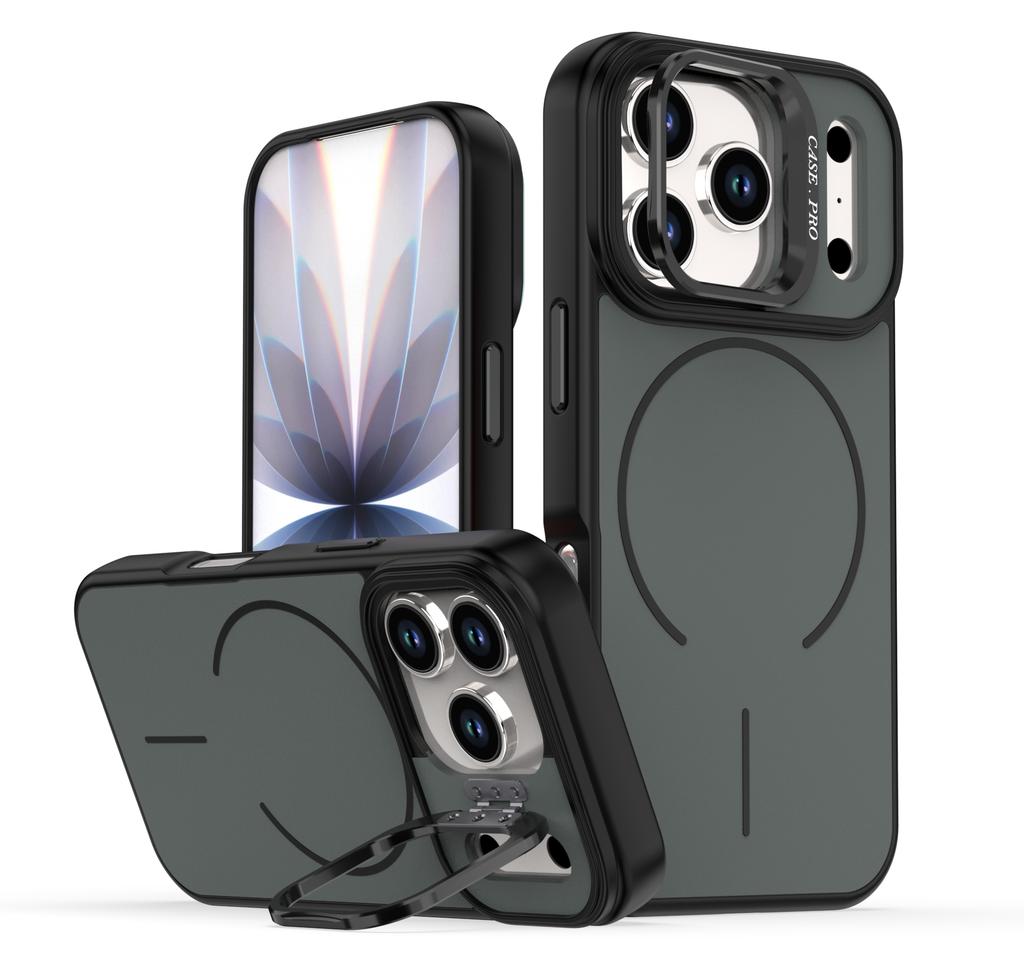 Liquid silicone Strong Magnetic Matte Metal Lens Stand Case For iPhone 17 Air 16 15 14 Plus 13 12 17 Pro Max For Magsafe Cover