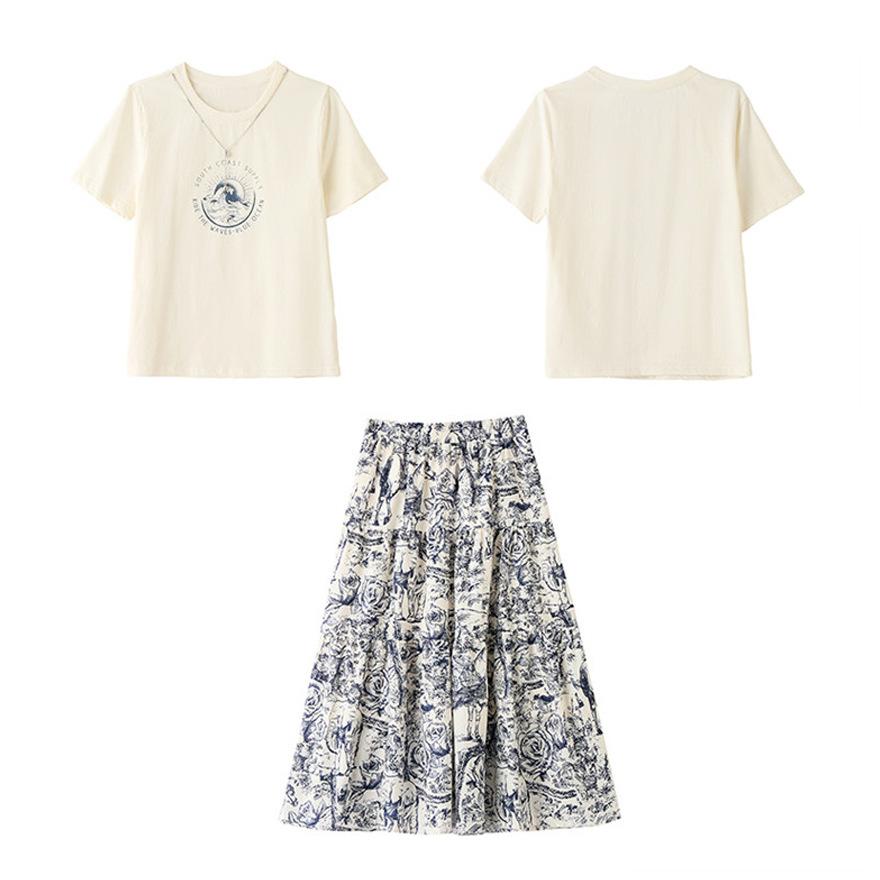 Fashion Blue and White Porcelain Printing Upper and Lower Two-piece Skirt Set for Women's Summer New Cool T-shirt with Skirt Set