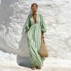 European and American autumn casual elegant striped deep V-neck bubble sleeve cotton and linen blend long dress women