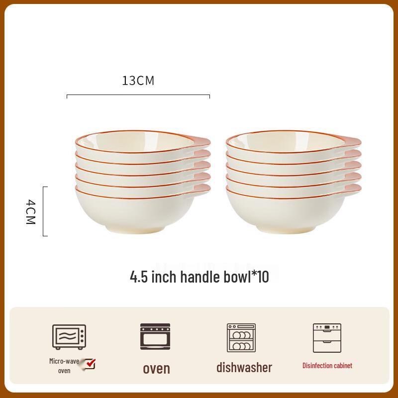 ZISIZ Aesthetic Cream Ceramic Rice Bowls with Handles (Set of 10)