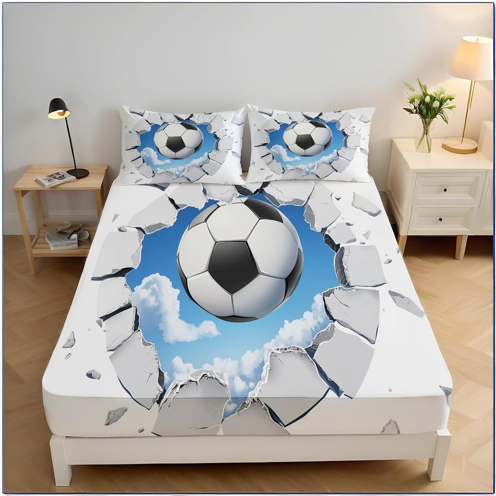 Bettlaken-Set Einzelbett, Graffiti Modern Fußball, 2-teiliges weiches Mikrofaser-Spannbettlaken mit Kissenbezug 75x50cm für Jungenzimmer