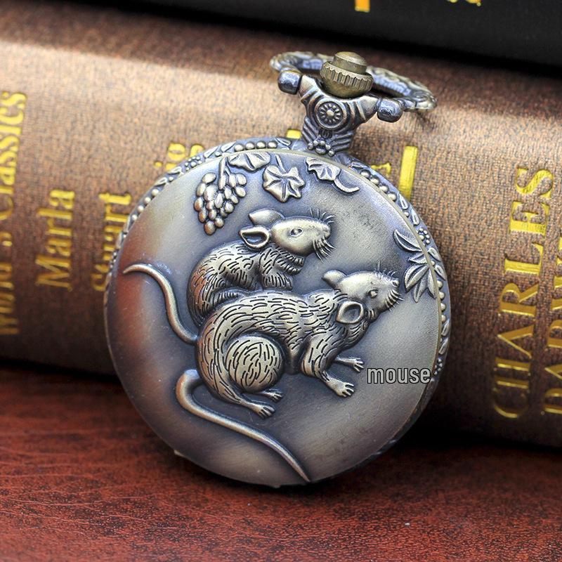 Zodiac Bronze-Taschenuhr mit 3D-geschnitztem Tierquarz-Design