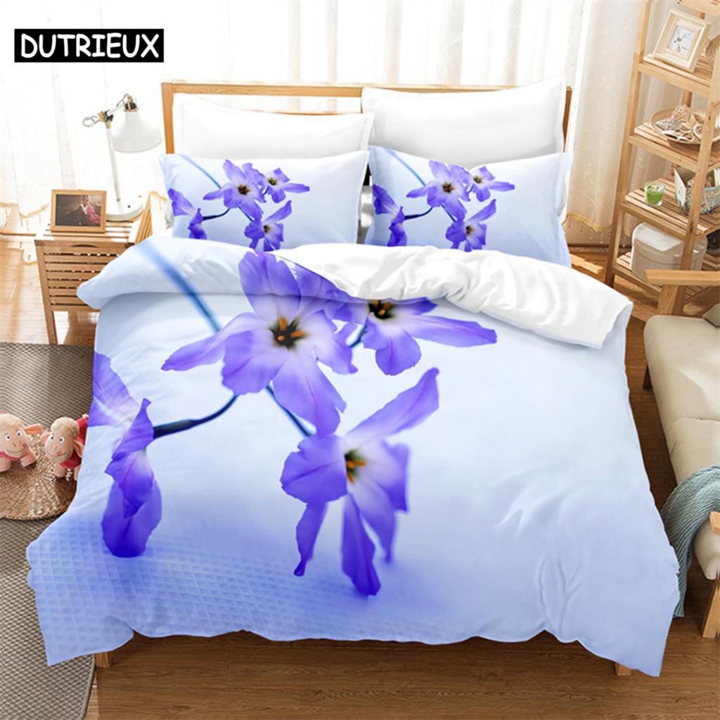 Comforter Blue Flower Butterfly Queen Bedding Kids Bedroom Bed Set King Size Bedding Set
