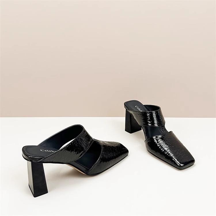 Fashion Summer New Pumps Women's Sandals Outside Natural Leather Cracked Slippers Female Fashion Square Toe Mules High Heel Slides Shoes