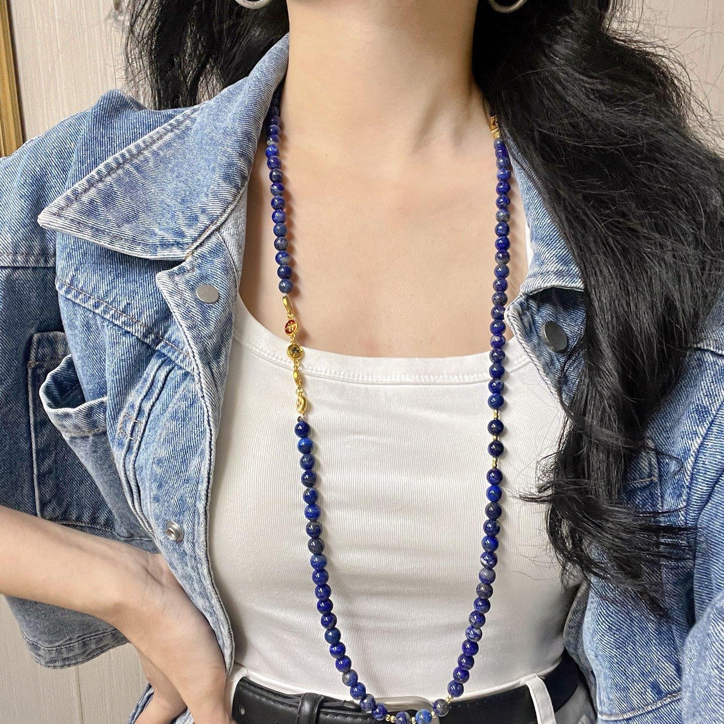 8Mm Natural Lapis Lazuli Long Design Sweater Chain Necklace
