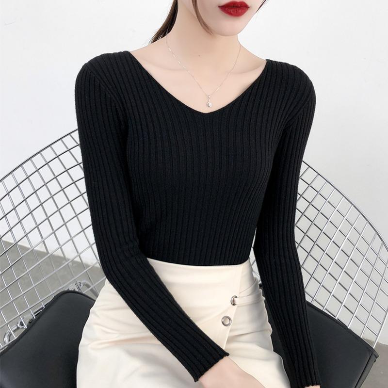Autumn and Winter V-neck Knitted Sweater for Women Fashion Slim Fit Long Sleeve Base Pullover Sweaters Tops Ladies Elegant Solid Woman Knitwear 24978