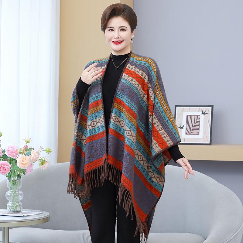 Damen Übergröße Geometrischer Ethno-Stil Gestrickter Gestreifter Schal (2025)