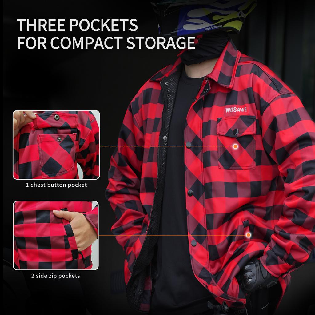 Wosawe Unisex Retro Motorcycle Armored Shirts Winter Thermal Fleece Motorcycle Jacket with Back Shoulder Elbow Protector