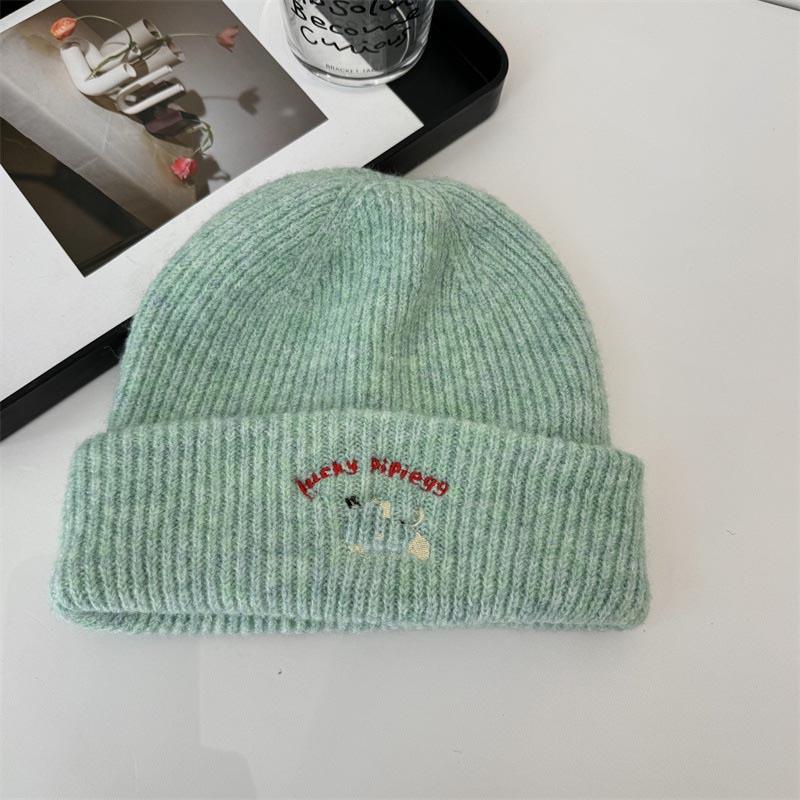 Knitted hat women's ins tide with letters small leather label warm pullover hat autumn and winter thin street ear protection cold hat
