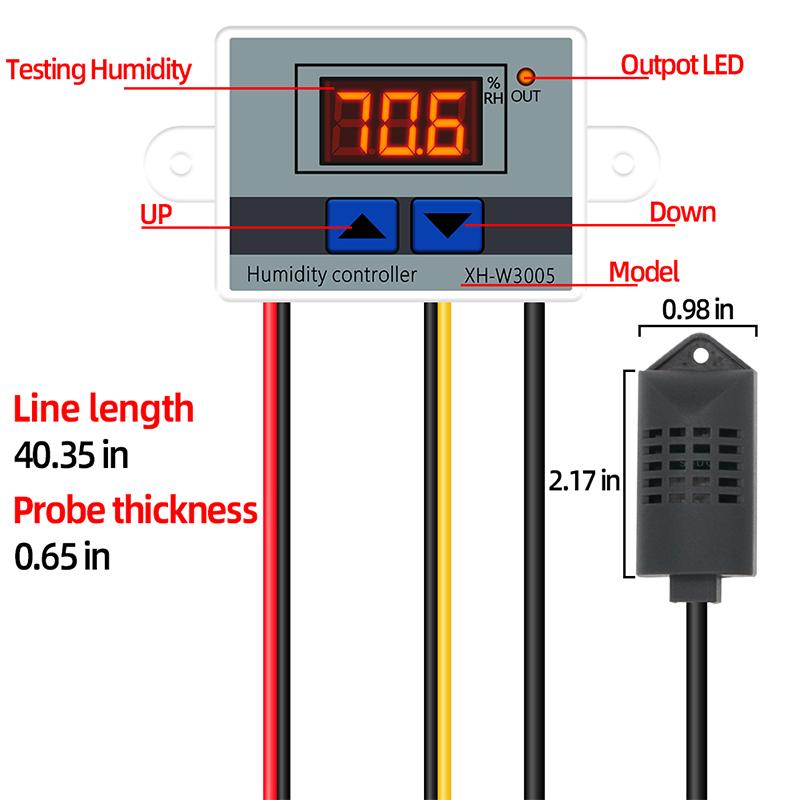 XH-W3005 Digital Humidity Controller 12V 24V 220V 10A Intelligent Hygrostat Switch with 1M Waterproof NTC Probe