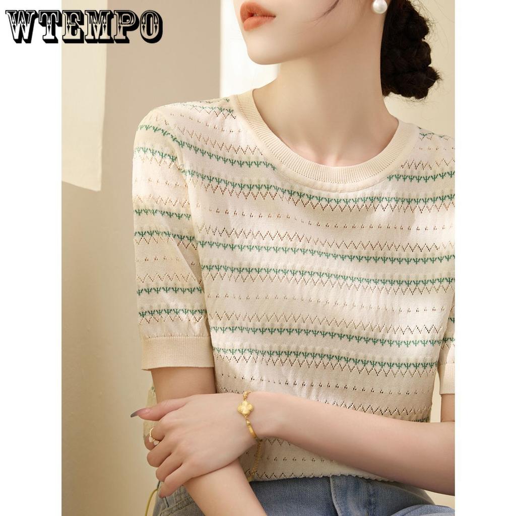 Summer Women's Knitted T-shirt Thin Cut and Slimming Round Neck Short Sleeved T-shirt