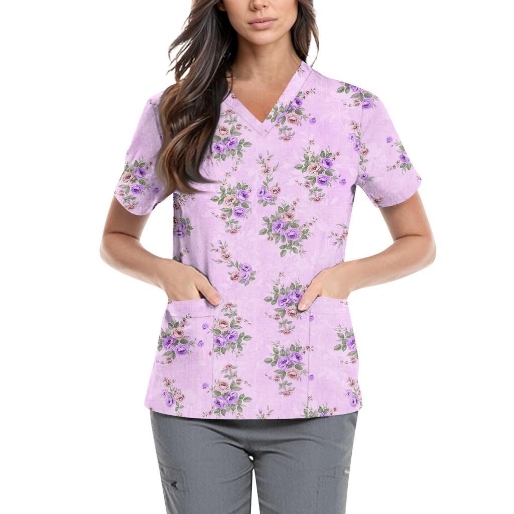 Süße bedruckte Arbeitskleidung für Damen, V-Ausschnitt, doppellagige Taschen, Basic, kurzärmeliges Oberteil, Pullover, Valentinstag