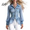 Damen Netzdetail Oberteil Imitation Denim Oberteile für Damen Revers Langarmhemd Faux Hemd Patchwork Saum Bluse Slim Fit Lässig Arbeit Party Date