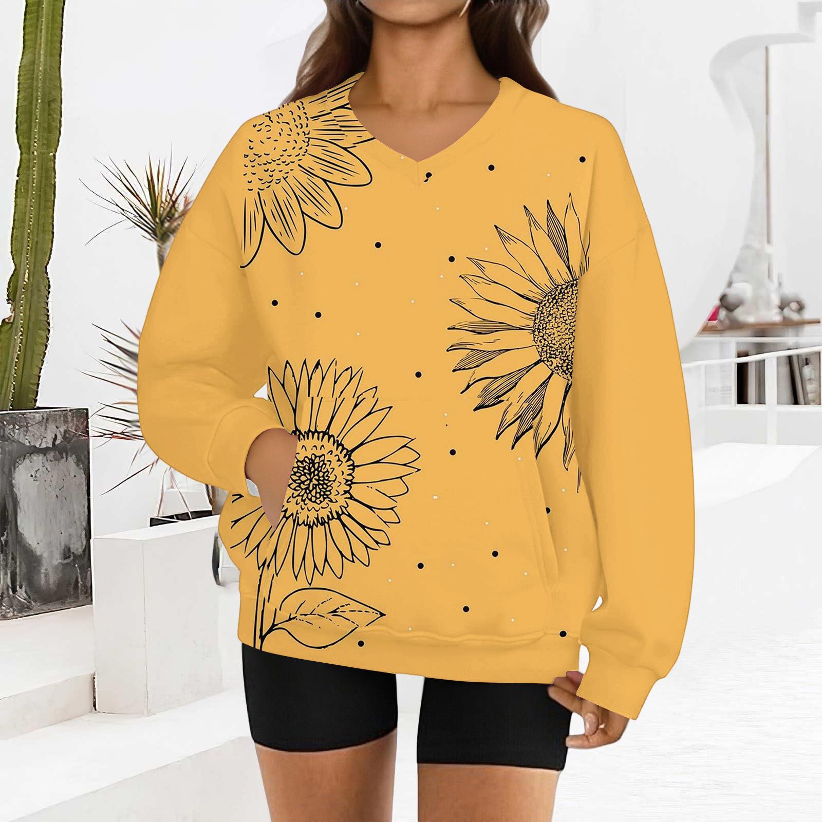 

Women s Fashion Retro Floral Print Long-Sleeve V-Neck Sweatshirt XL жовтий