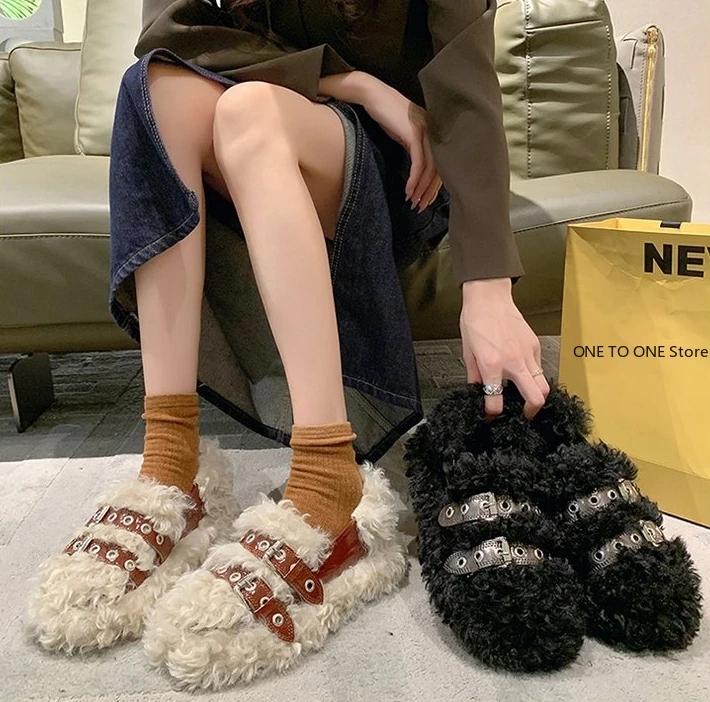 Fashion Luxury Sheep Fur Lined Loafers Women Lambswool Shoes Ladies Winter Slip On Furry Flats Cotton Wool Mocasine Femme Barefoot Boots