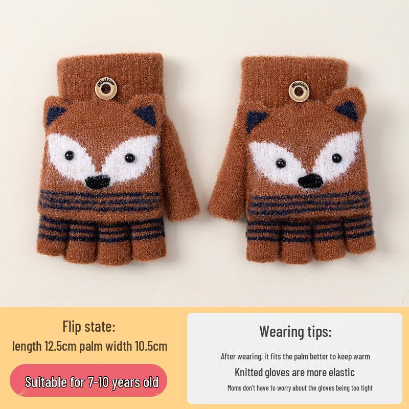 Kids' Cute Flip-Top Fingerless Fox Gloves - Warm Cartoon Design for Autumn and Winter