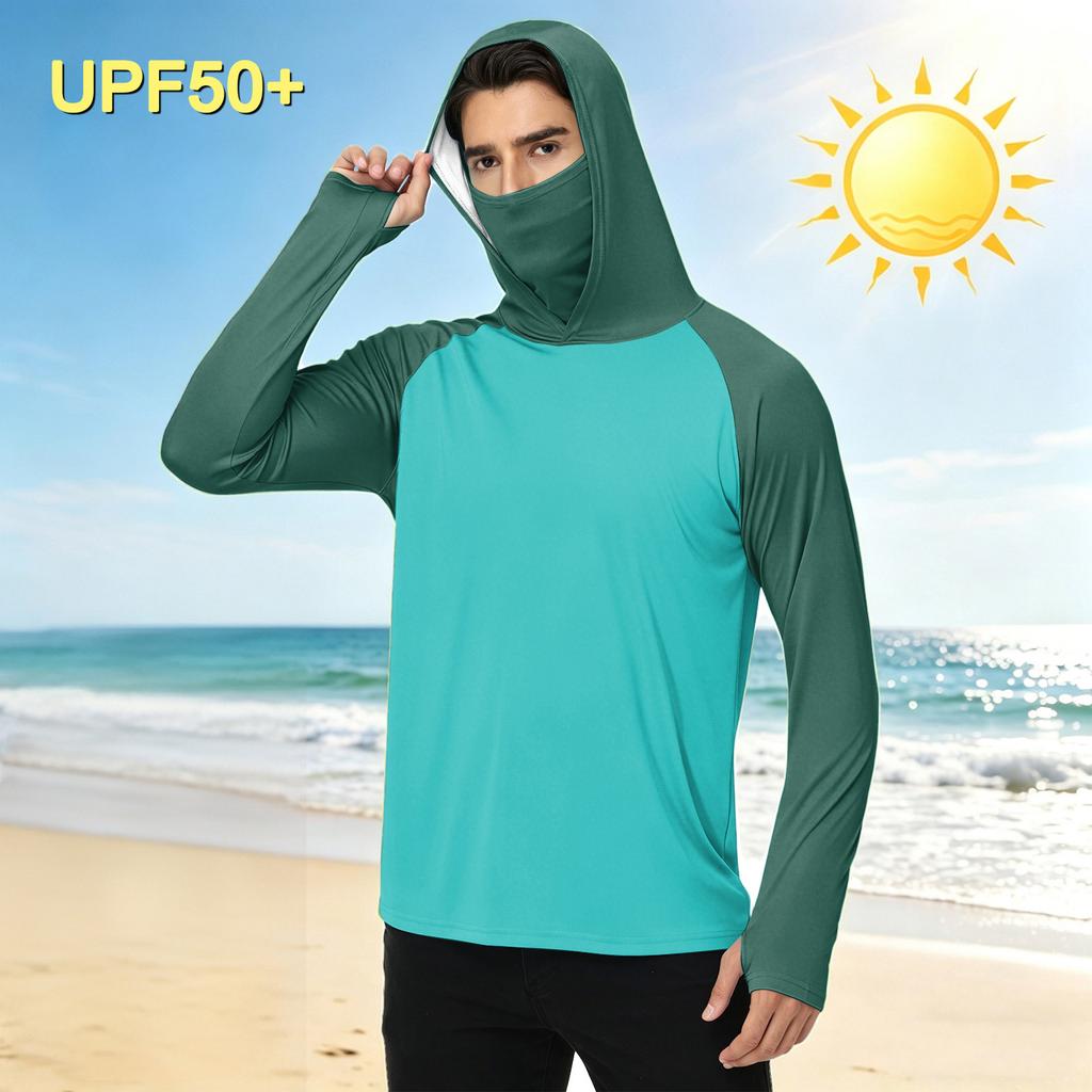 Herren Casual Outdoor Kapuzen Langarm Sonnenschutzhemd Leicht Atmungsaktiv Schnelltrocknend UV-Schutz Top für Sport Wandern