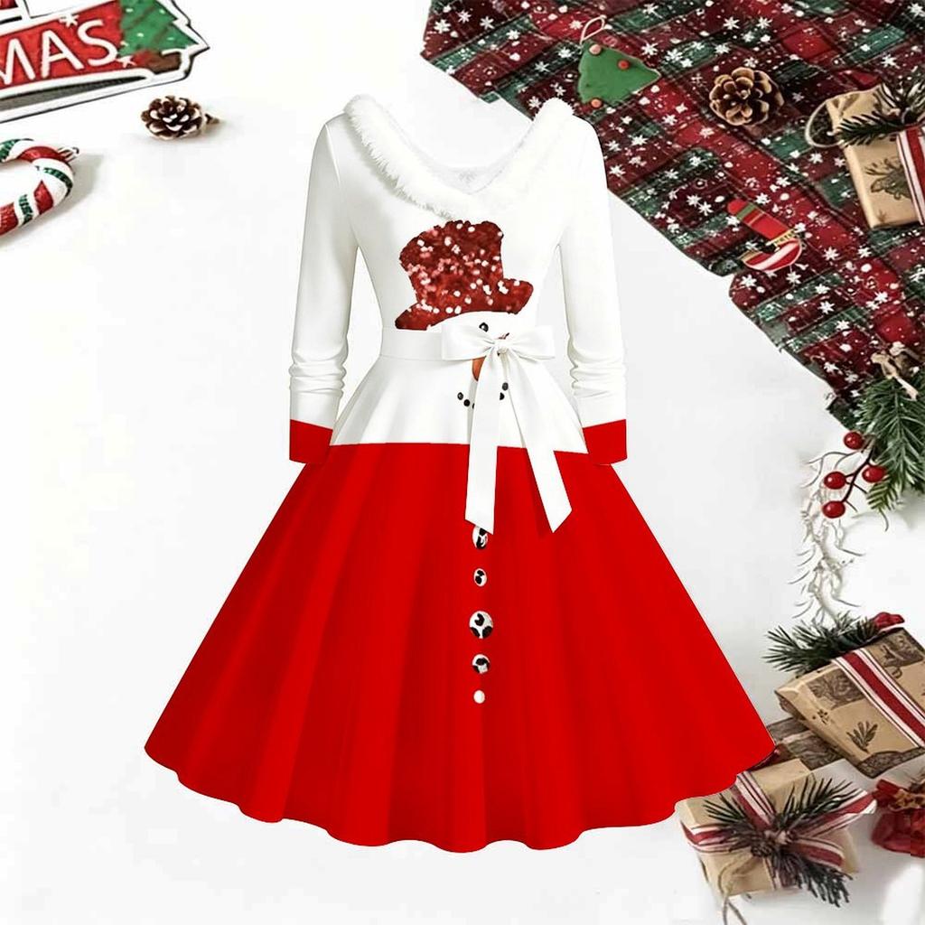 Women Christmas Print Midi Dress, Long Sleeve V‑Neck Furry Trim A‑Line Party Dress, Christmas Limited Edition