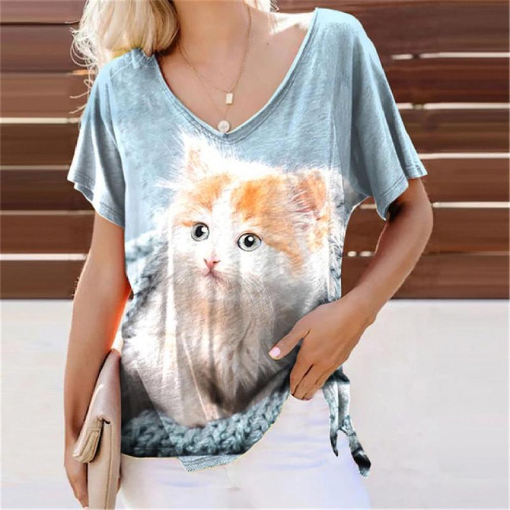 Summer Lovely Cat 3D Print T-Shirts Women Casual V-Neck Short Sleeve T Shirt Y2k Harajuku Animal Tees Loose Tops Female Clothing