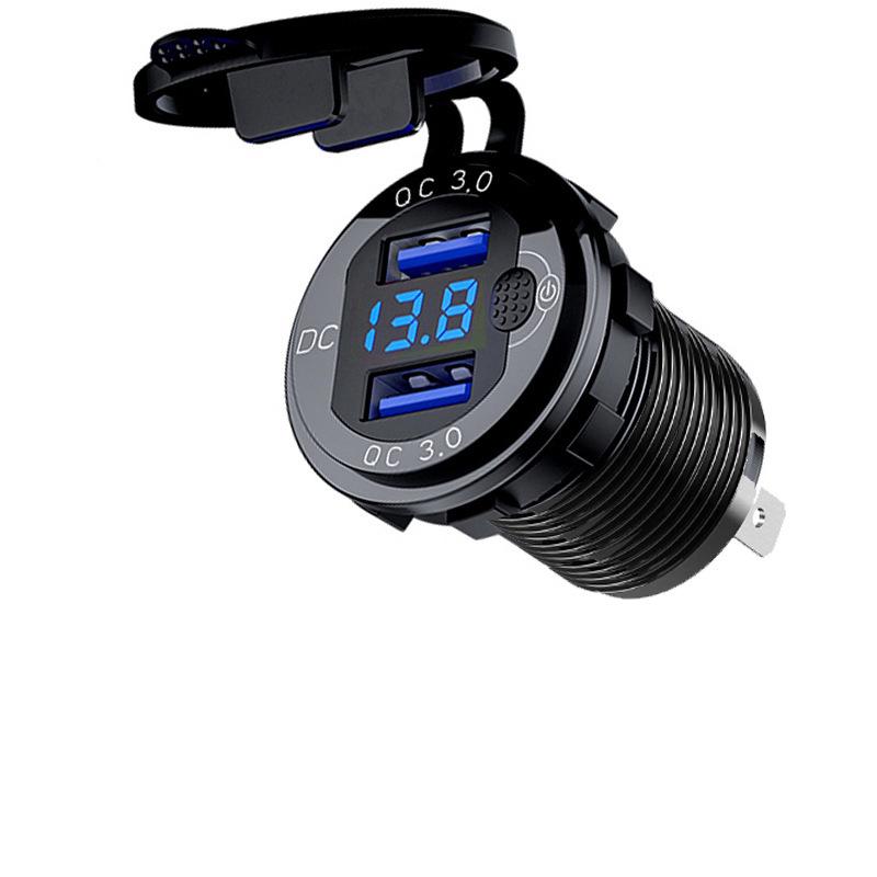Aluminum Quick Charge Dual QC3.0 USB Car Charger Socket with Digital Voltmeter With Switch Button for Marine Motorcycle Truck