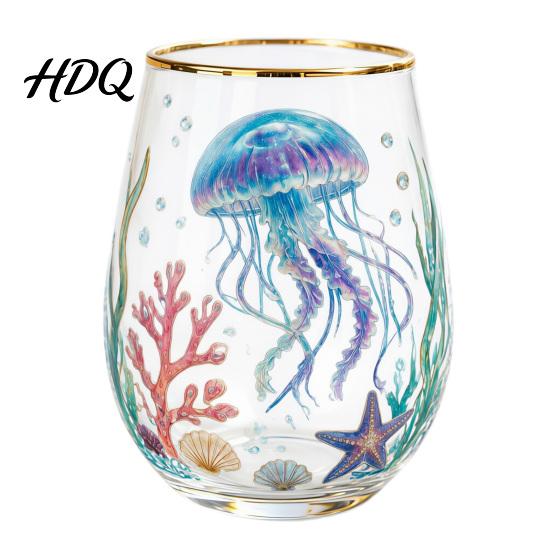 Hand-painted Glass Cup Hand Painted Tumbler Egg Shaped with Gold Rim Clear