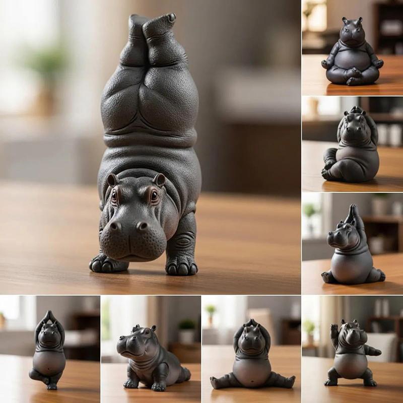 Yoga Hippopotamus Resin Statue, Hand‑made Animal Figurine, Decorative Table Ornament for Yoga Lovers Gift