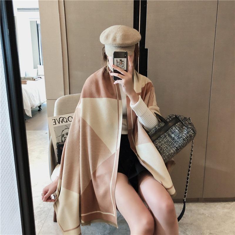 Autumn and winter new double-sided geometric imitation cashmere scarf women's high-end feeling thick warm thickened shawl scarf