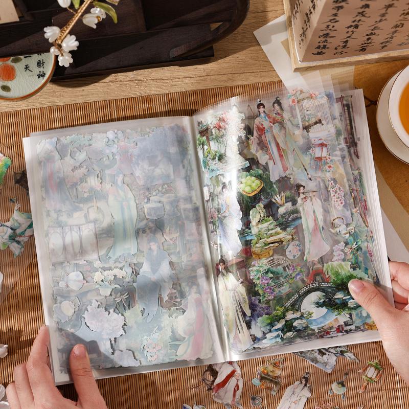 Livre d'autocollants Paysage de Figures Style Ancien 20 Pièces Motifs Style Chinois Lavis Encre Décoration DIY pour Journal Collage Fournitures