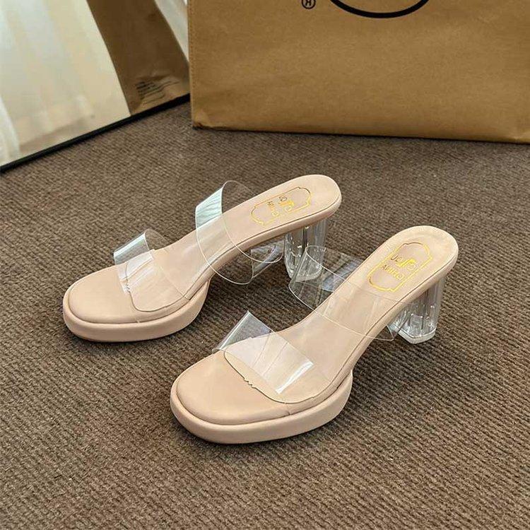 

Прозрачные туфли на высоком каблуке женские летние новые водонепроницаемые туфли с одним словом на ремешке супер высокие каблуки тапочки с кристаллами на толстом каблуке босоножки женские 39