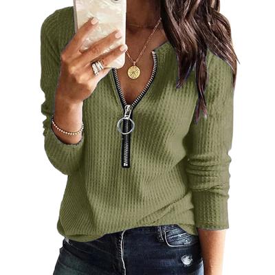 Autumn and Winter Urban Atmosphere Quality Waffle Style Pullover Zipper Round Neck Loose Women's T-shirts