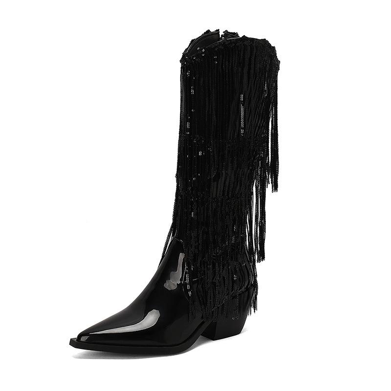 Fashion IPPEUM Fringe Cowboy Boots For Women  Mid Calf Pu Leather Size 46 Winter Knee High Western Silver Cowgirl Shoes