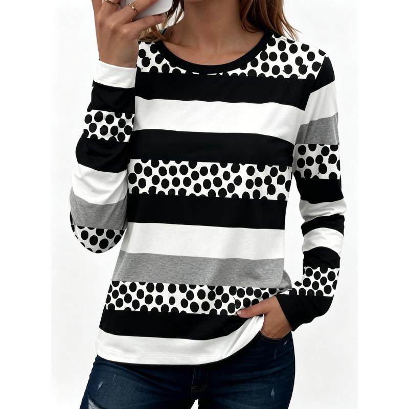 Women's Polka Dot Color Block Print Crew Neck T-Shirt, Casual Tops for Spring Summer Daily Streetwear