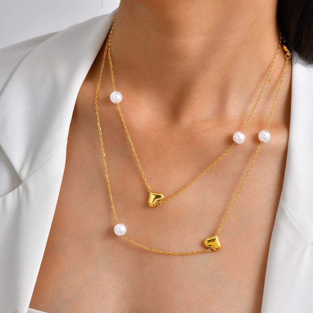 Stackable Stainless Steel Long Chain Necklace Imitation Pearl Heart Charm Sweater Chain, Fashion Aesthetic Jewelry for Women