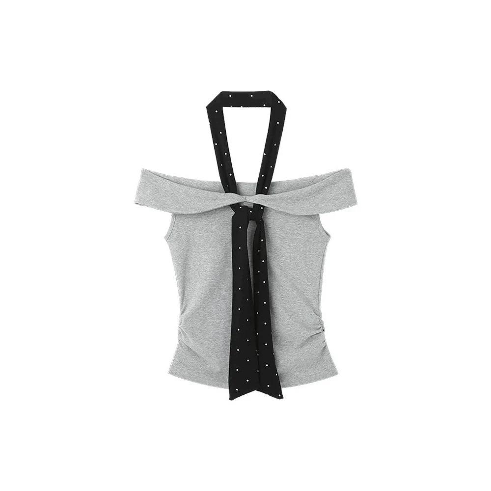 Temperament Spice Girl Storm Point Strap Shoulder Neck Short Sleeve T-Shirt Women's Summer Grey Pleated Waist Off-Shoulder Top