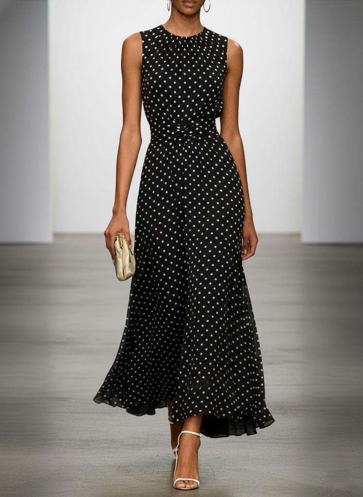 Spring new models, European and American polka dot sleeveless dress for women, French waist temperament long dress, thin A-shaped dress for women