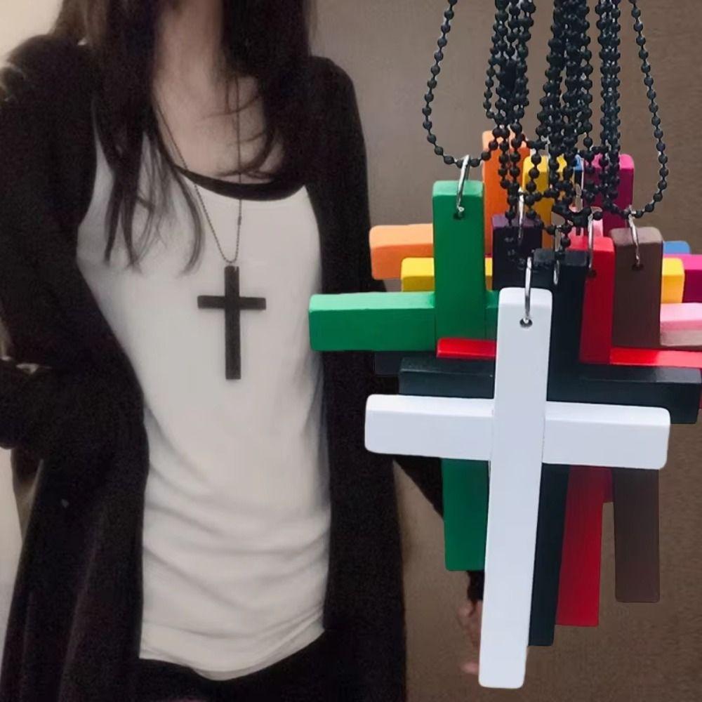 Choker Y2k Punk Gothic Necklace White Black Cross Necklace Wood Cross Pendant Women Men