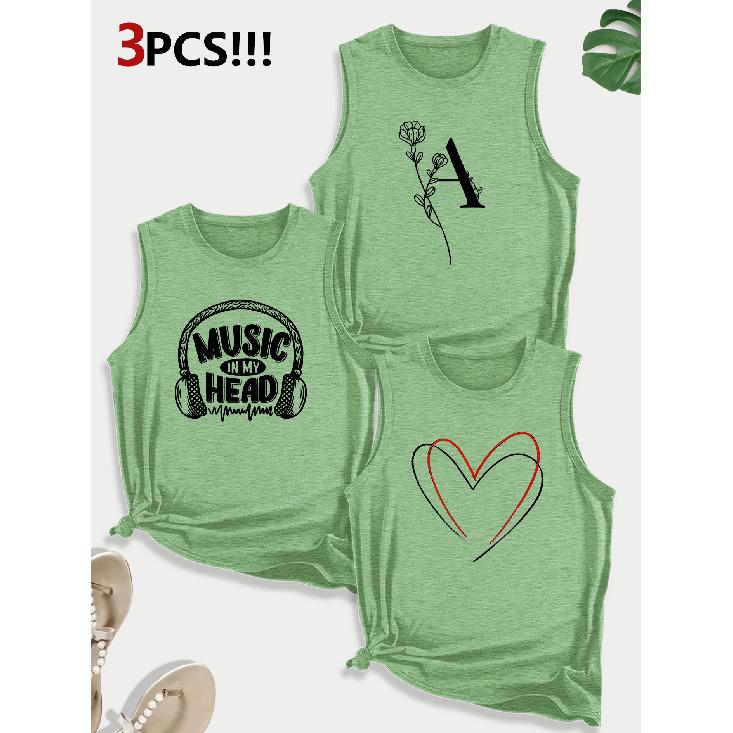 Music-themed Letter and Heart Combination Gift Print Pattern Round neck3Pack of Sleeveless Vests for Women In Spring, Summer, and Autumn