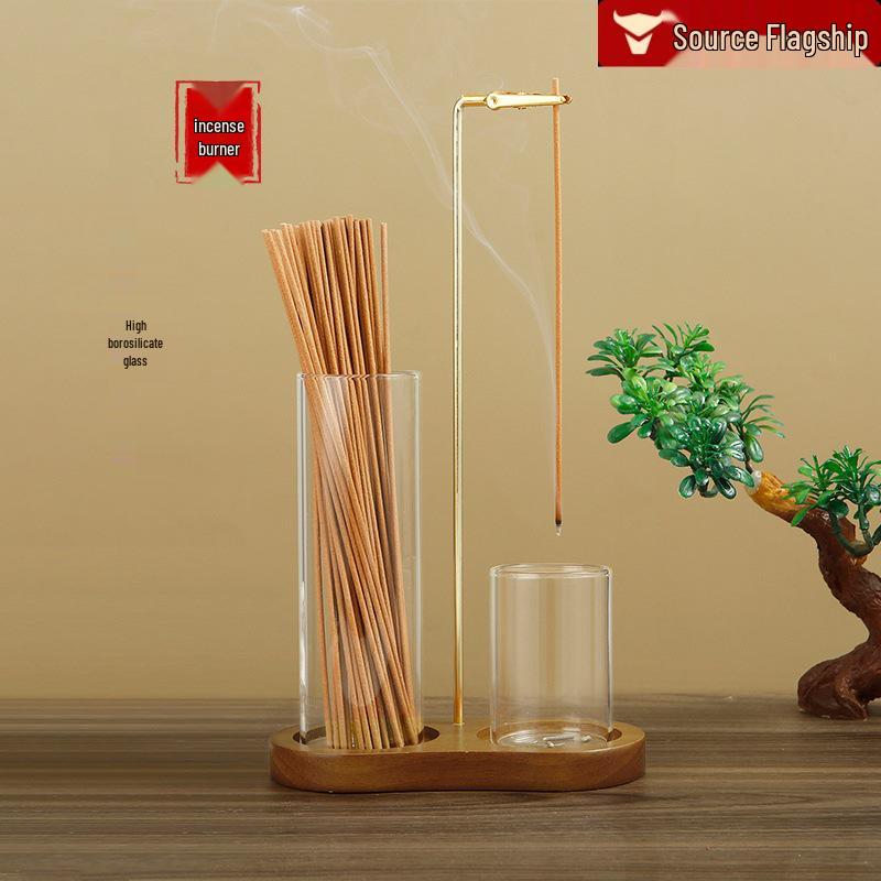Figure-8 Bamboo Incense Holder with Glass Tube and Metal Clip Zen Burner